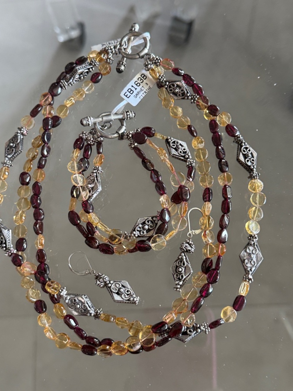 Beaded Garnet & Citrine Necklace Set with Silver Accents